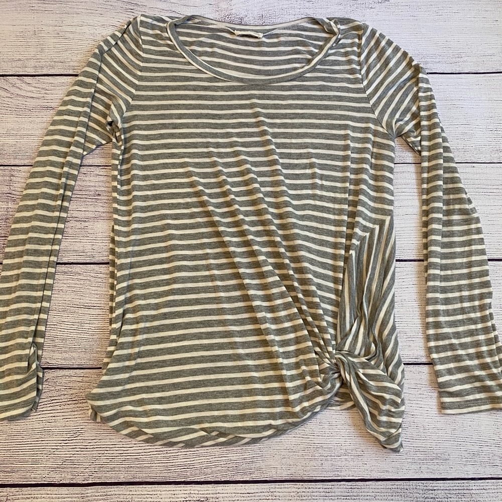 White and grey striped front knit shirt